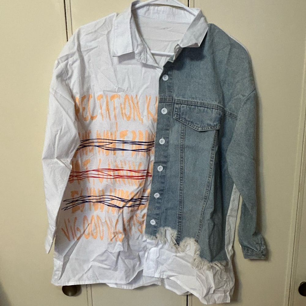 Two-Tone Denim and White Shirt with Orange graphics.